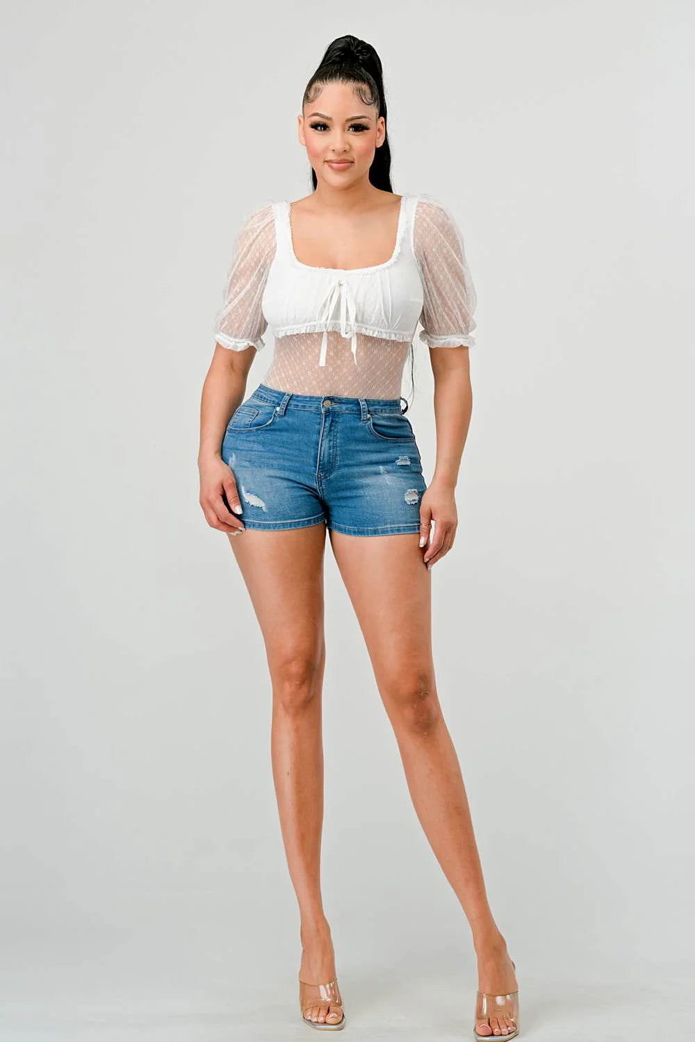 Full front view of ivory floral-mesh puff-sleeve bodysuit