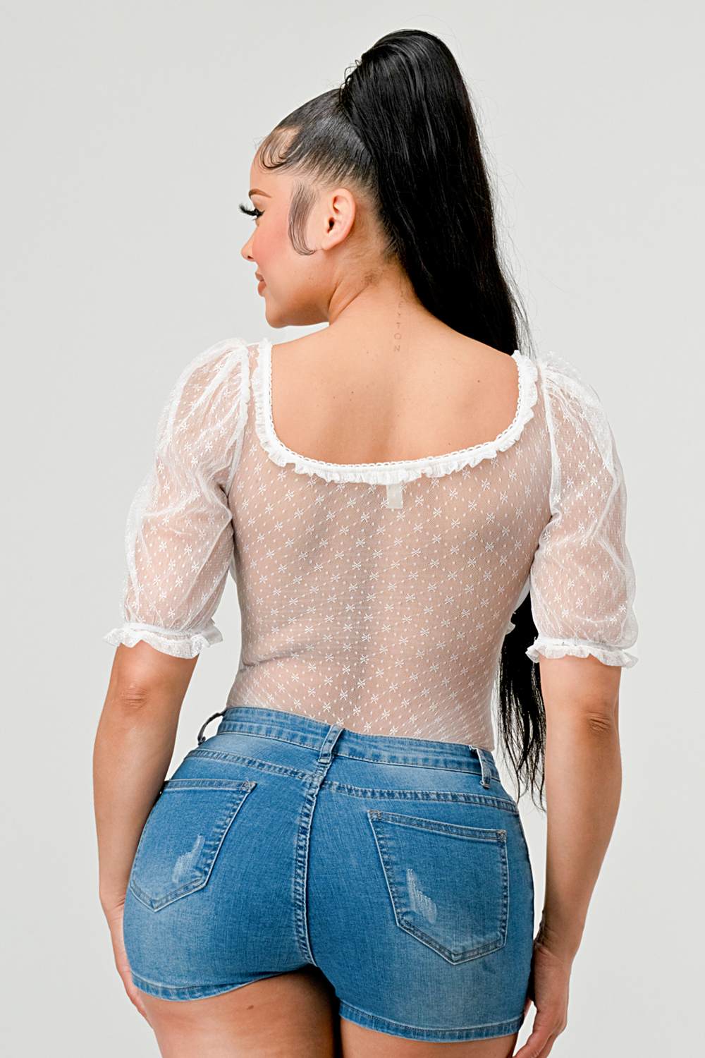 Back view of ivory floral-mesh square-neck bodysuit