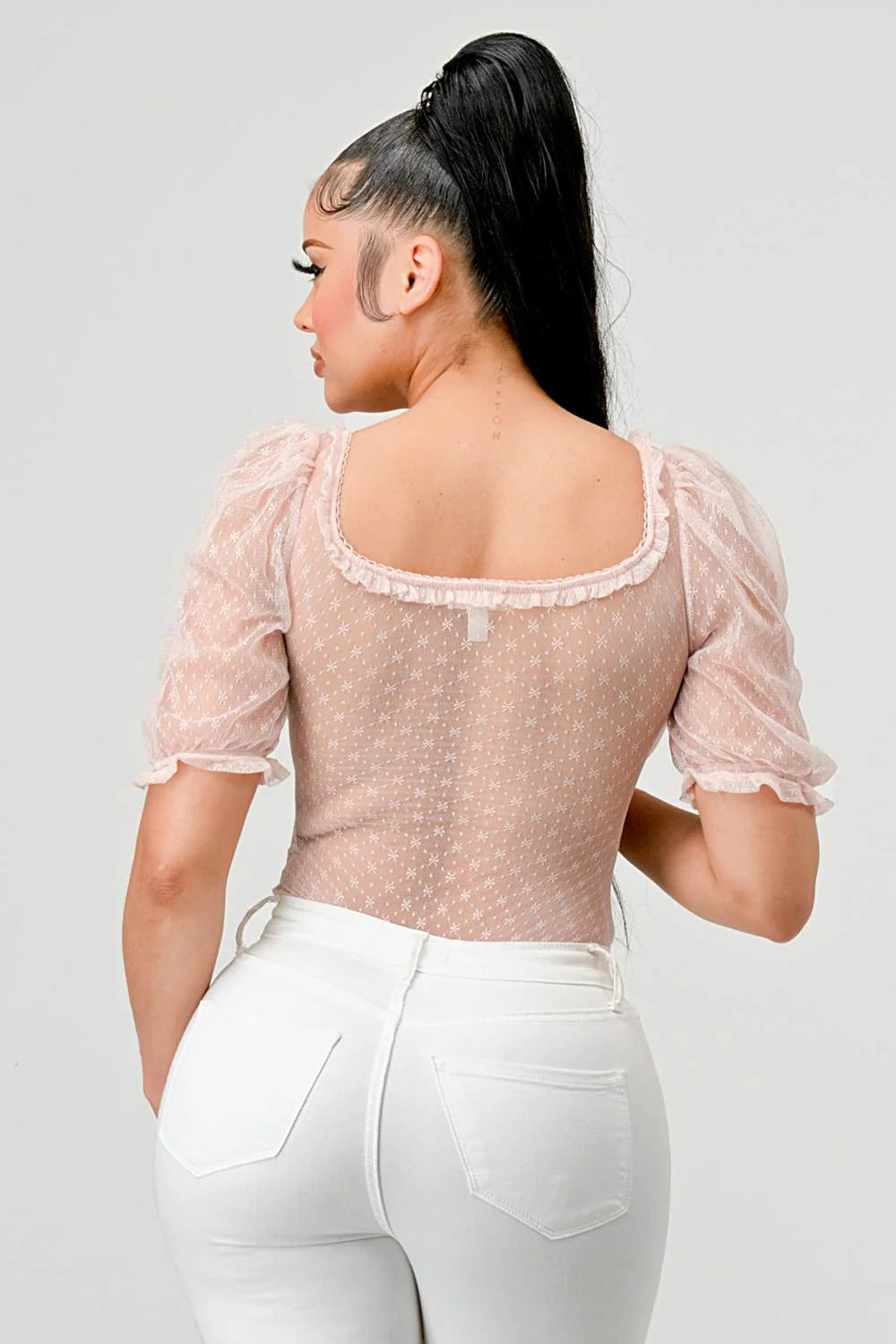 Back view of pink floral-mesh square-neck bodysuit