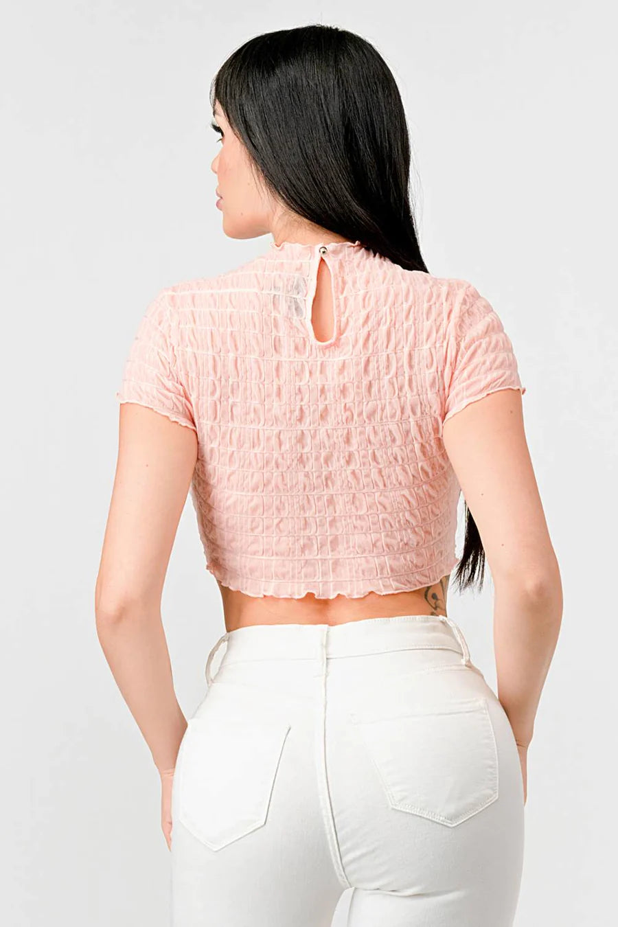 TEXTURED RUFFLED HEM KEYHOLE BACK ASYMMETRICAL CROPPED TOP - Vella Moda