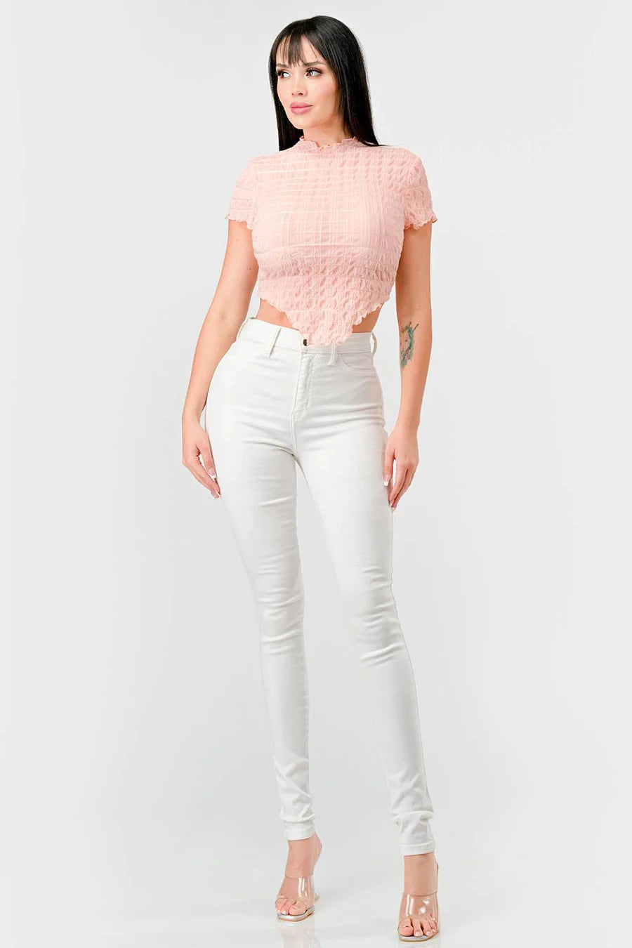 TEXTURED RUFFLED HEM KEYHOLE BACK ASYMMETRICAL CROPPED TOP - Vella Moda