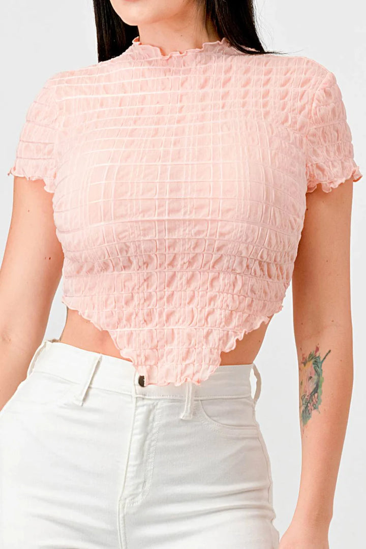 TEXTURED RUFFLED HEM KEYHOLE BACK ASYMMETRICAL CROPPED TOP - Vella Moda
