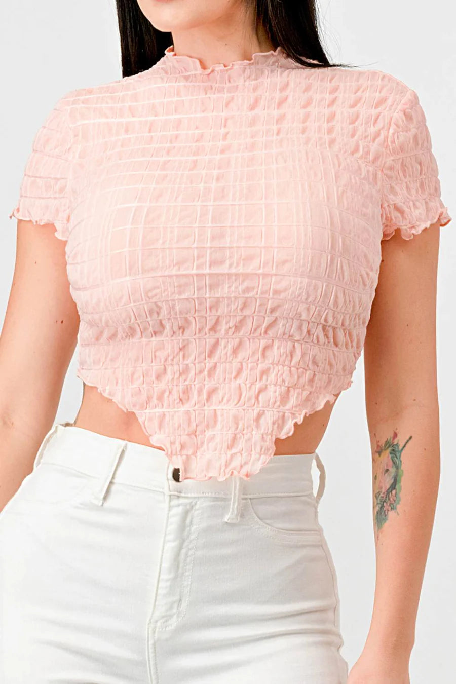 TEXTURED RUFFLED HEM KEYHOLE BACK ASYMMETRICAL CROPPED TOP - Vella Moda