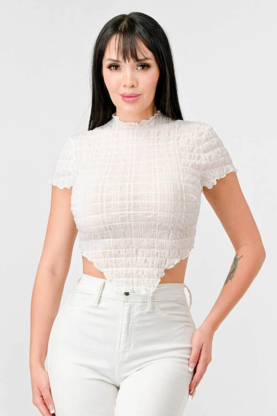 TEXTURED RUFFLED HEM KEYHOLE BACK ASYMMETRICAL CROPPED TOP - Vella Moda