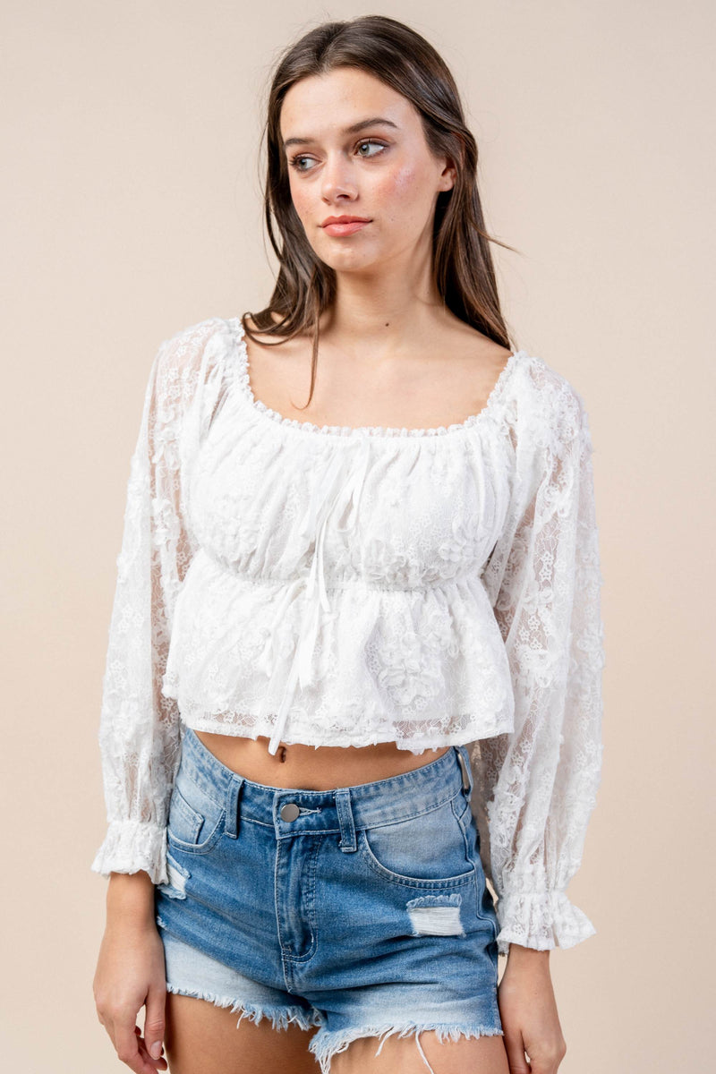 Bella Lace Angelica – 3D Off-Shoulder Floral Blouse in White