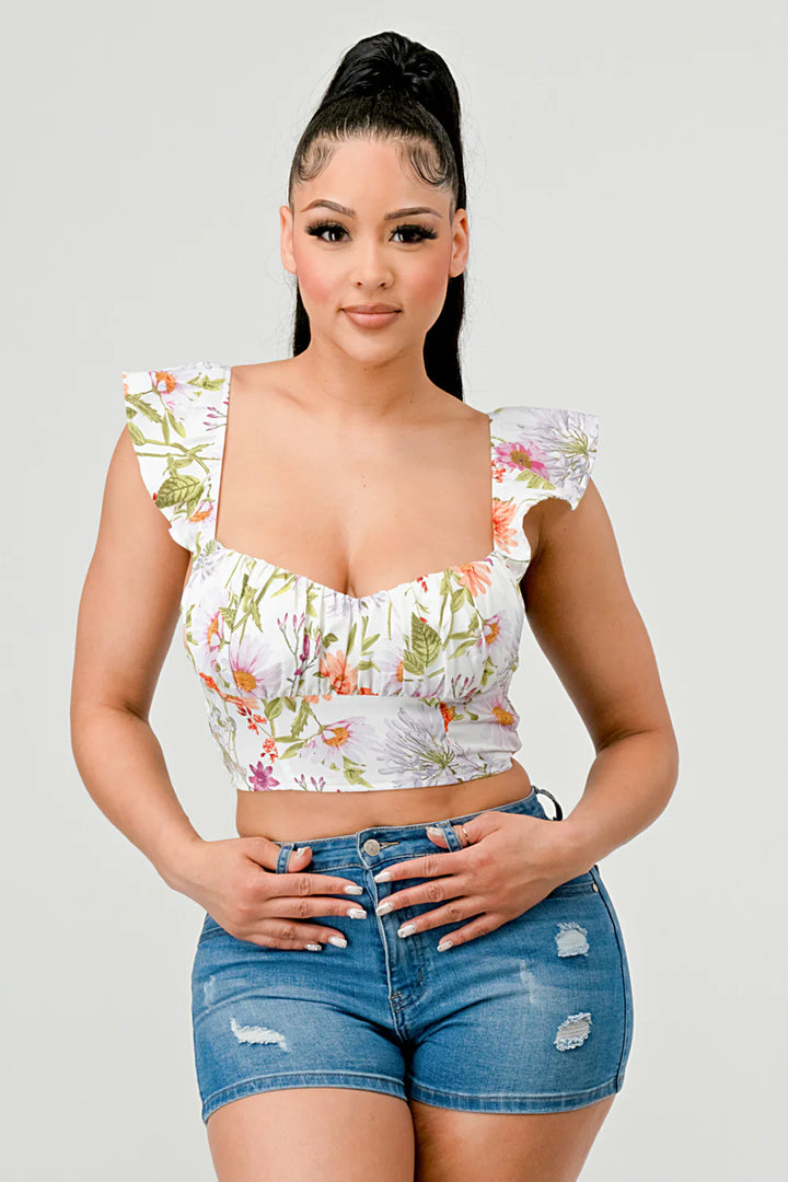 FLORAL SWEETHEART RUCHED FLUTTER SLEEVES CROPPED TOP - Vella Moda