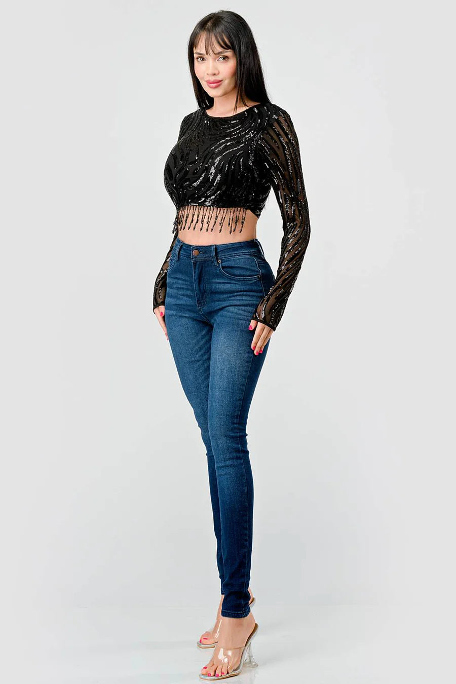 LUXE WAVE SEQUINS LONG SLEEVES STONE FRINGE DETAIL CROPPED TOP - Vella Moda