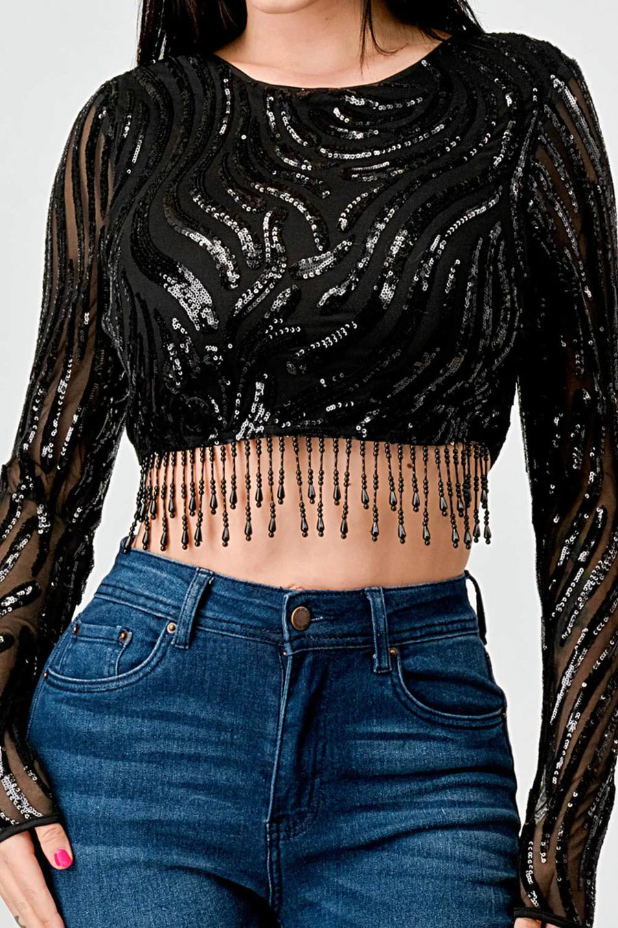 LUXE WAVE SEQUINS LONG SLEEVES STONE FRINGE DETAIL CROPPED TOP - Vella Moda