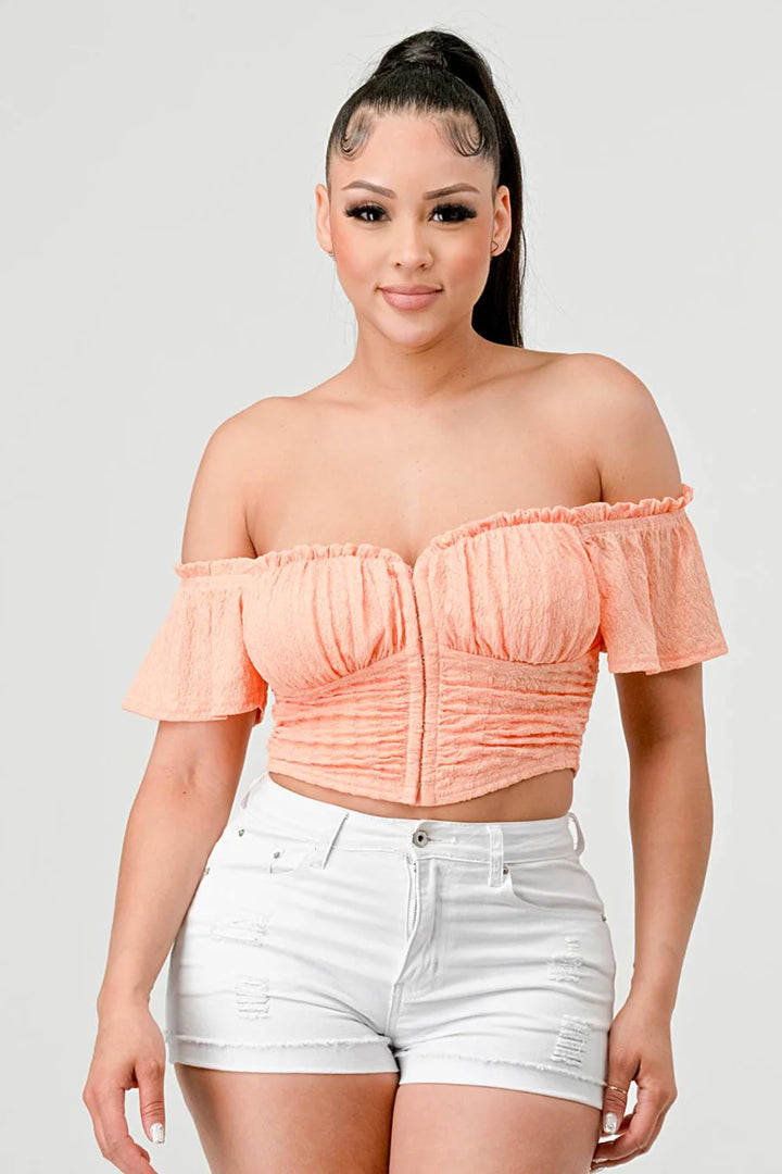 PATTERN KNIT HOOKED RUCHED OFF SHOULDER CROP TOP - Vella Moda