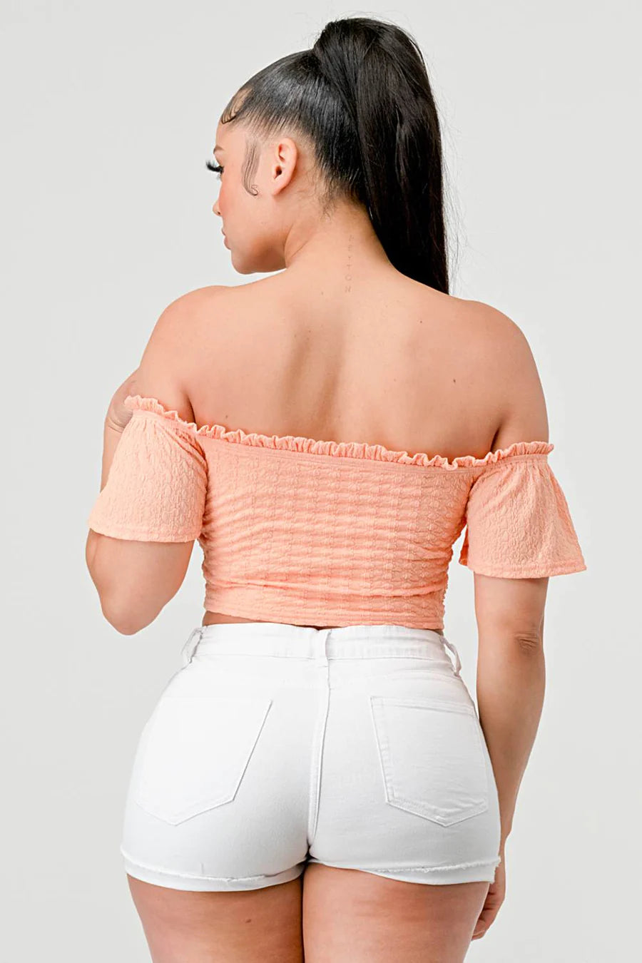 PATTERN KNIT HOOKED RUCHED OFF SHOULDER CROP TOP - Vella Moda