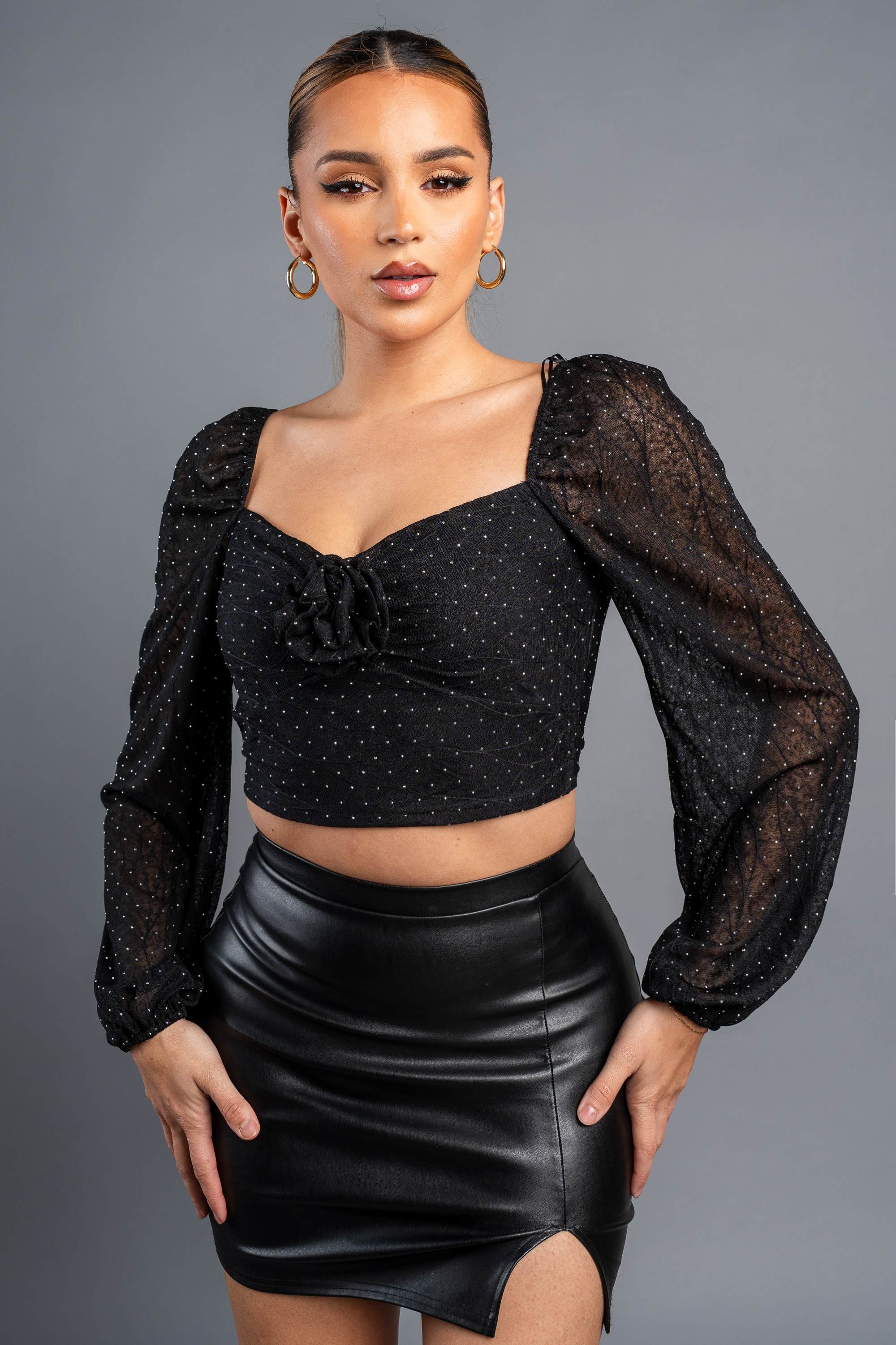 Privy Lace Rose Peasant Crop Top featuring floral lace details and a feminine, relaxed fit on a model.