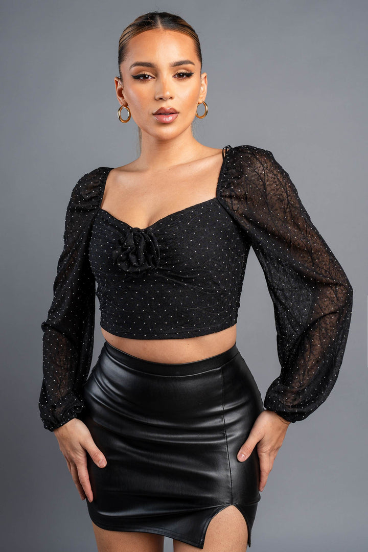 Privy Lace Rose Peasant Crop Top featuring floral lace details and a feminine, relaxed fit on a model.