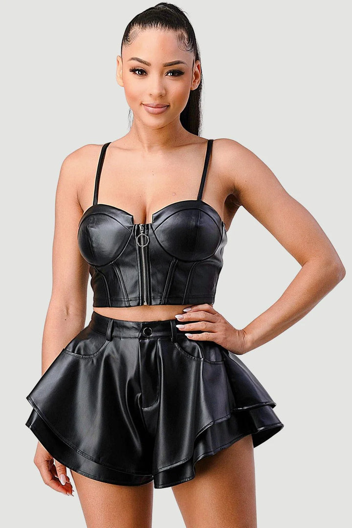 FAUX LEATHER CORSET TOP AND FLARED SHORTS SET - Vella Moda