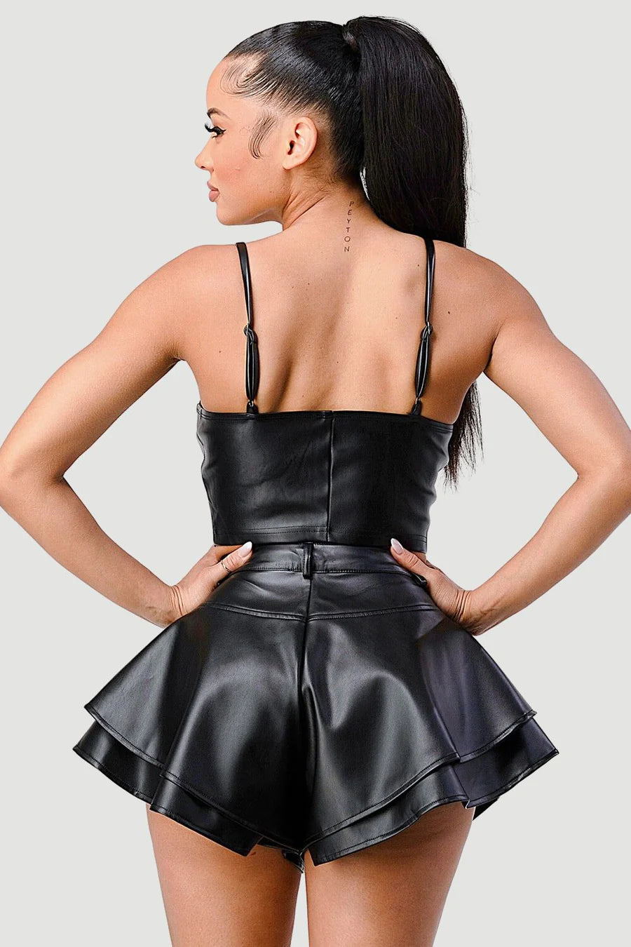 FAUX LEATHER CORSET TOP AND FLARED SHORTS SET - Vella Moda