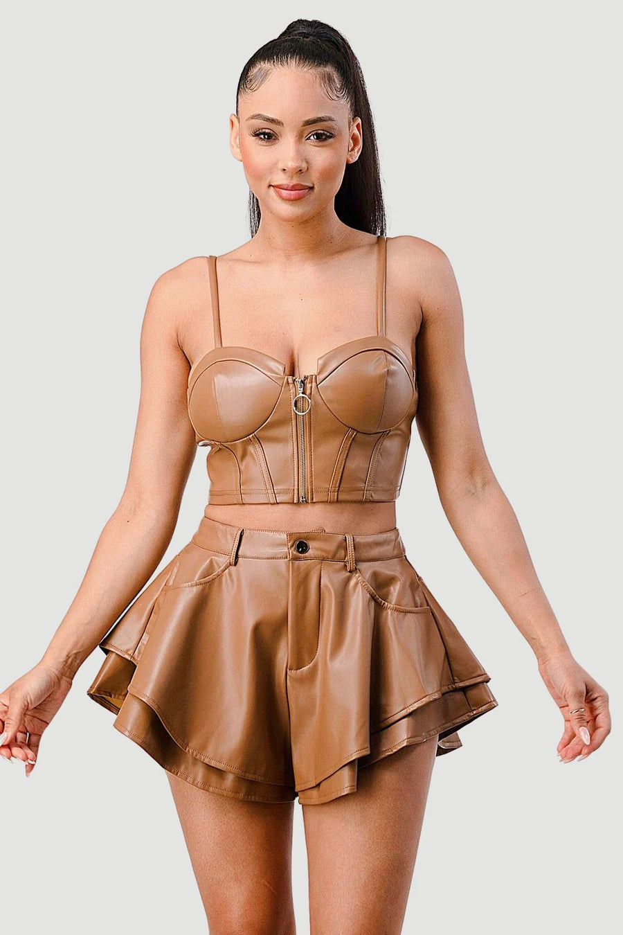 FAUX LEATHER CORSET TOP AND FLARED SHORTS SET - Vella Moda