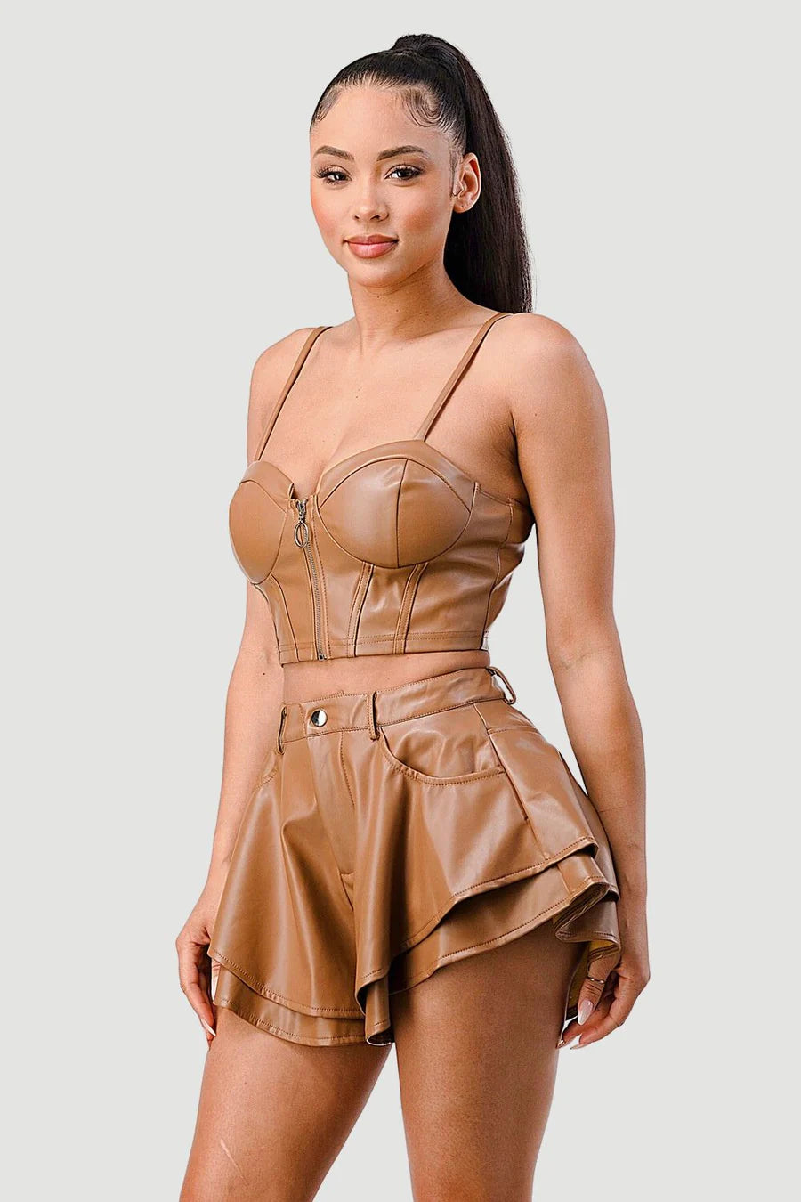FAUX LEATHER CORSET TOP AND FLARED SHORTS SET - Vella Moda