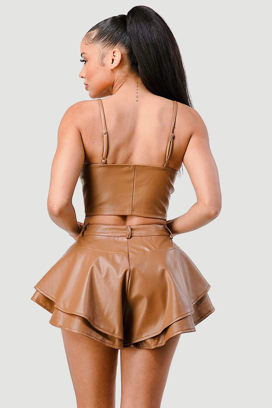 FAUX LEATHER CORSET TOP AND FLARED SHORTS SET - Vella Moda