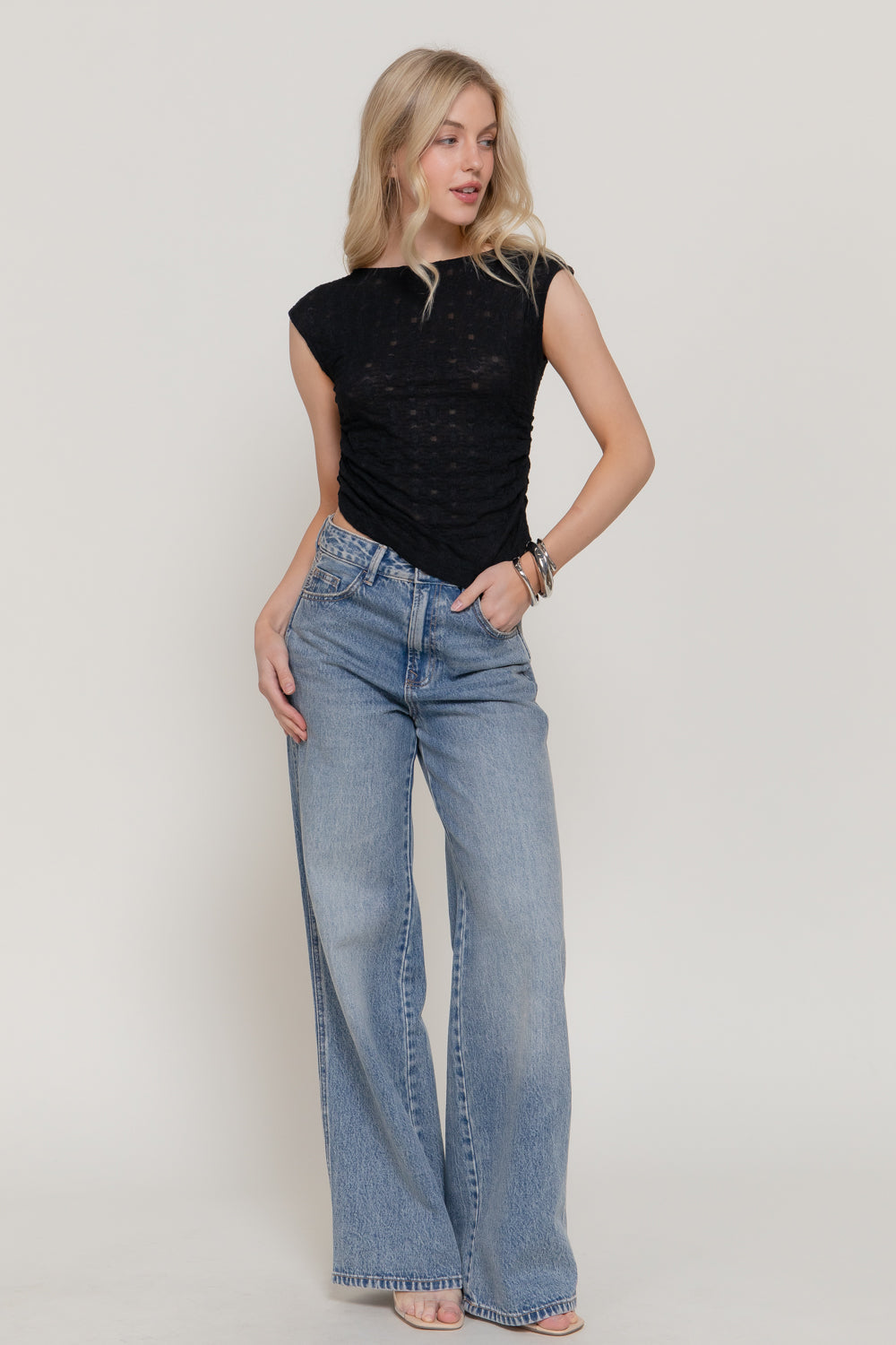 Reversible Ruched Stretch-Lace Top – Black – Black – View 4