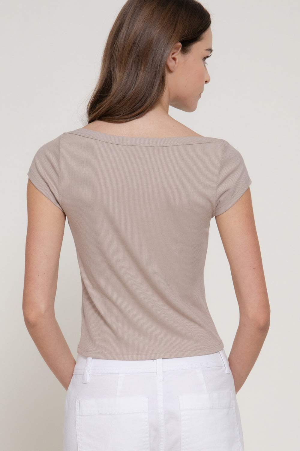 Ribbed Boat-Neck Cap-Sleeve Top – Black & Mushroom – Mushroom – View 3
