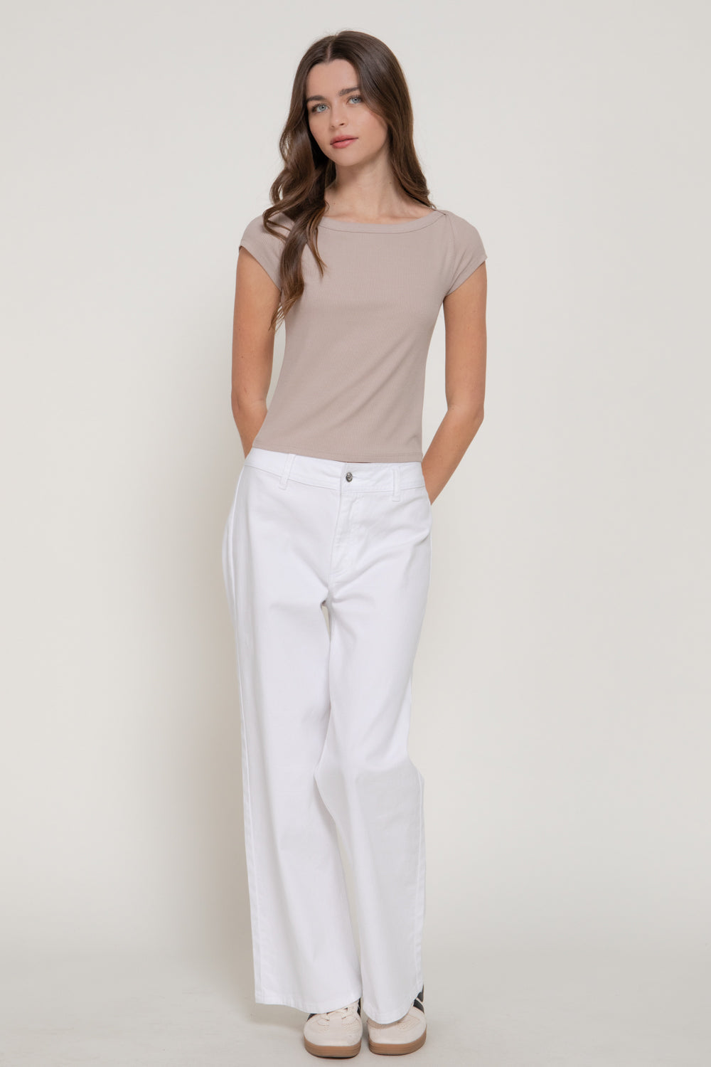 Ribbed Boat-Neck Cap-Sleeve Top – Black & Mushroom – Mushroom – View 4