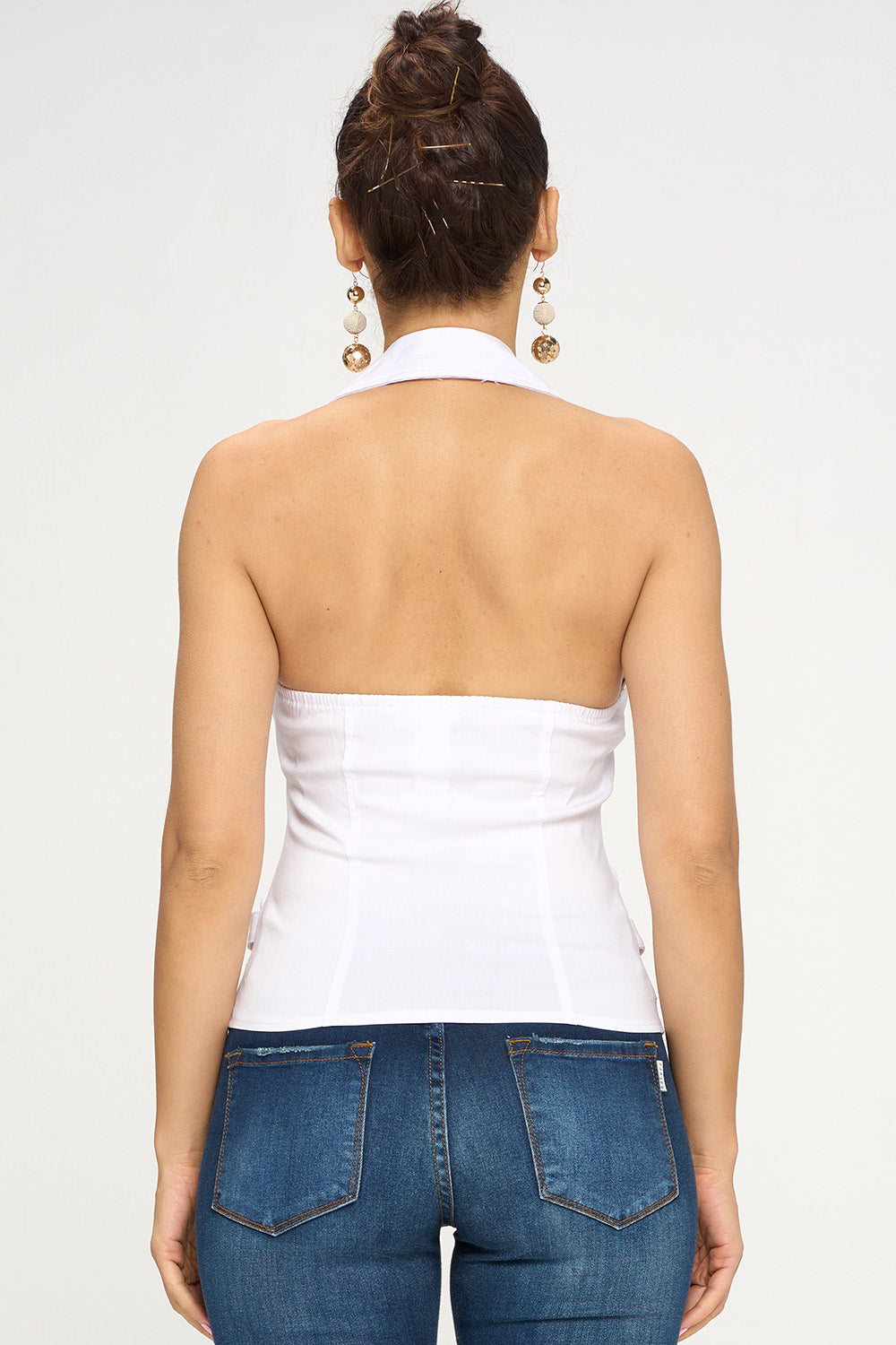 Rogue buckle-detail zip-front halter tank in white, back view
