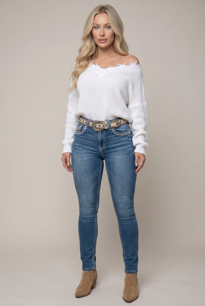 Sexy Couture Premium Rhinestone Western Skinny Jeans – Dark Wash