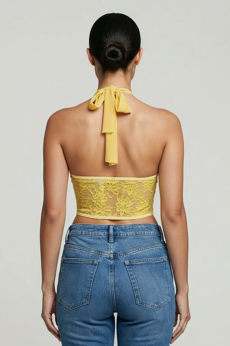 Sheer mesh lace halter corset top in yellow – back view