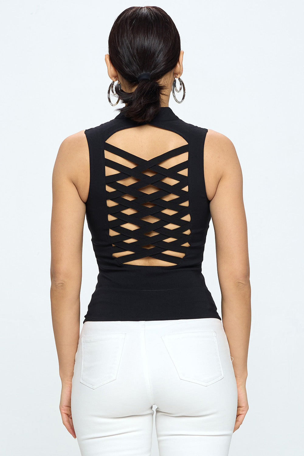 Siren lace-up cutout sleeveless top in black, back view