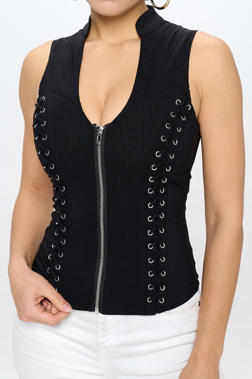 Black lace-up neckline and stretch fabric detail