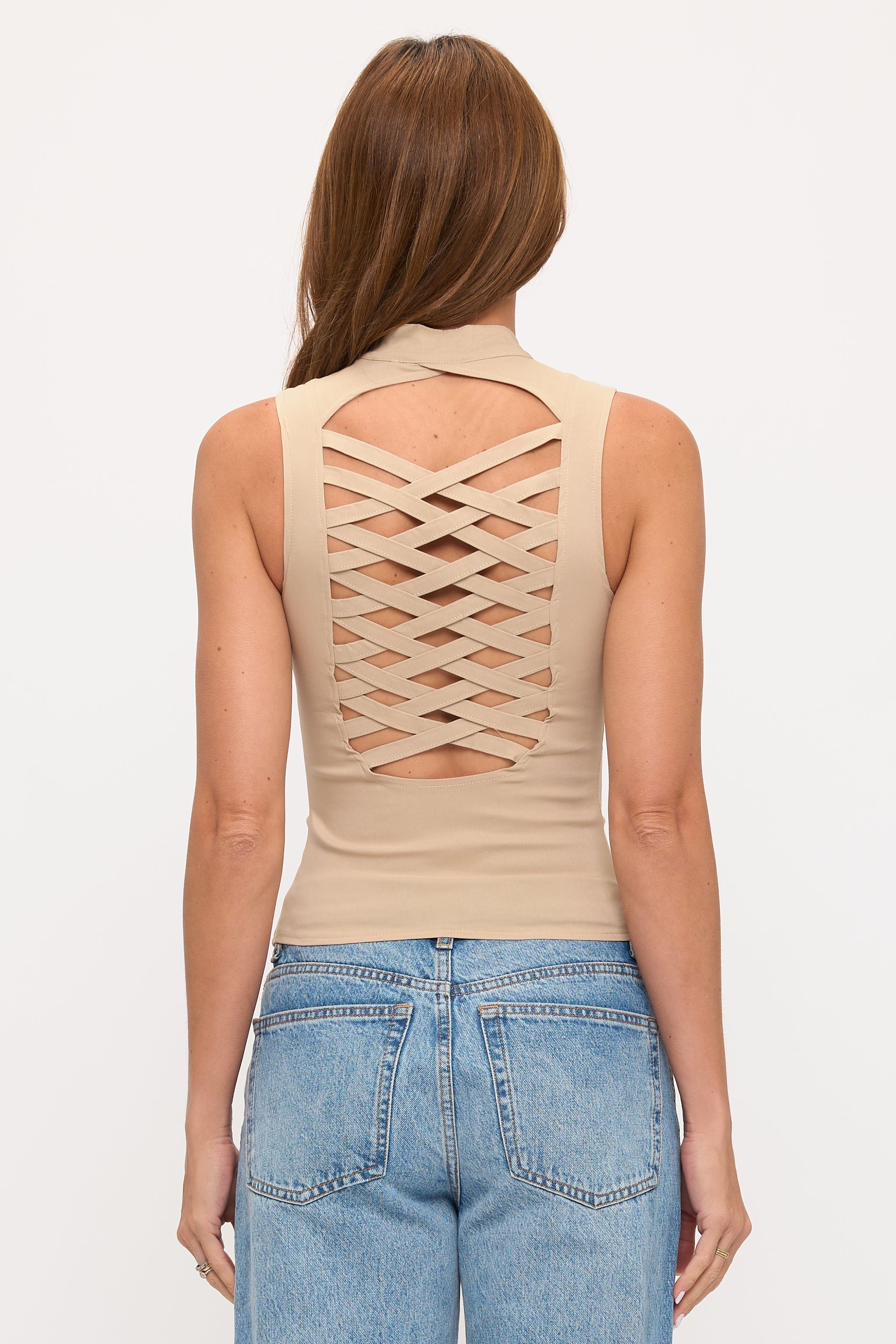 Siren lace-up cutout sleeveless top in taupe, styling view