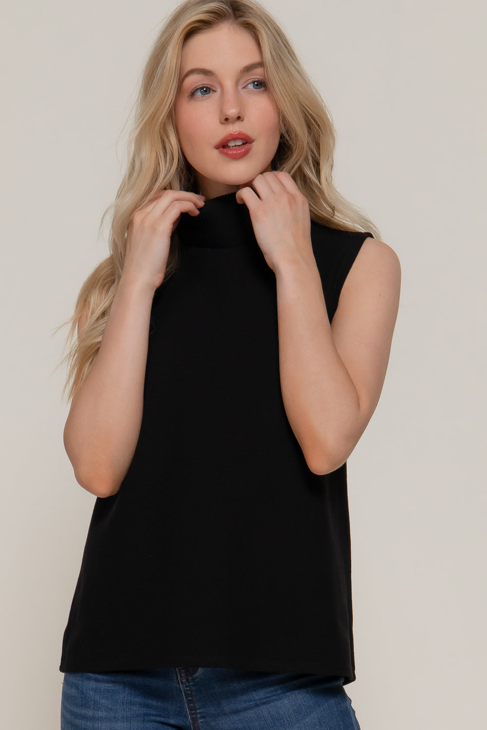 Soft Ribbed Sleeveless Turtleneck Top – Black, Mocha & Light Beige - Black