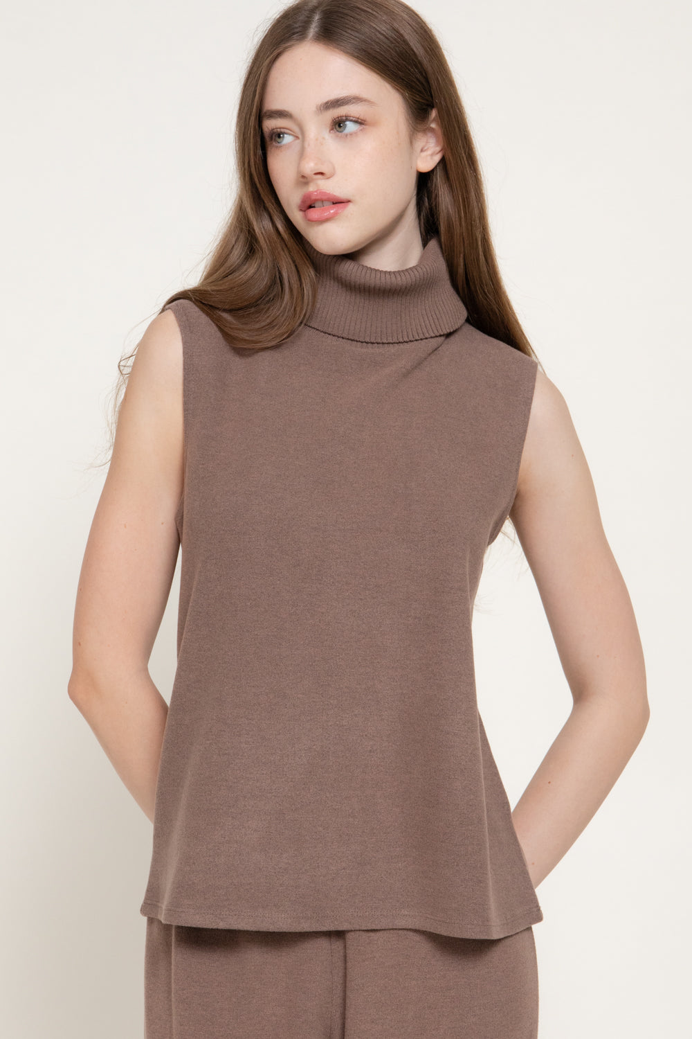 Soft Ribbed Sleeveless Turtleneck Top – Black, Mocha & Light Beige - Mocha