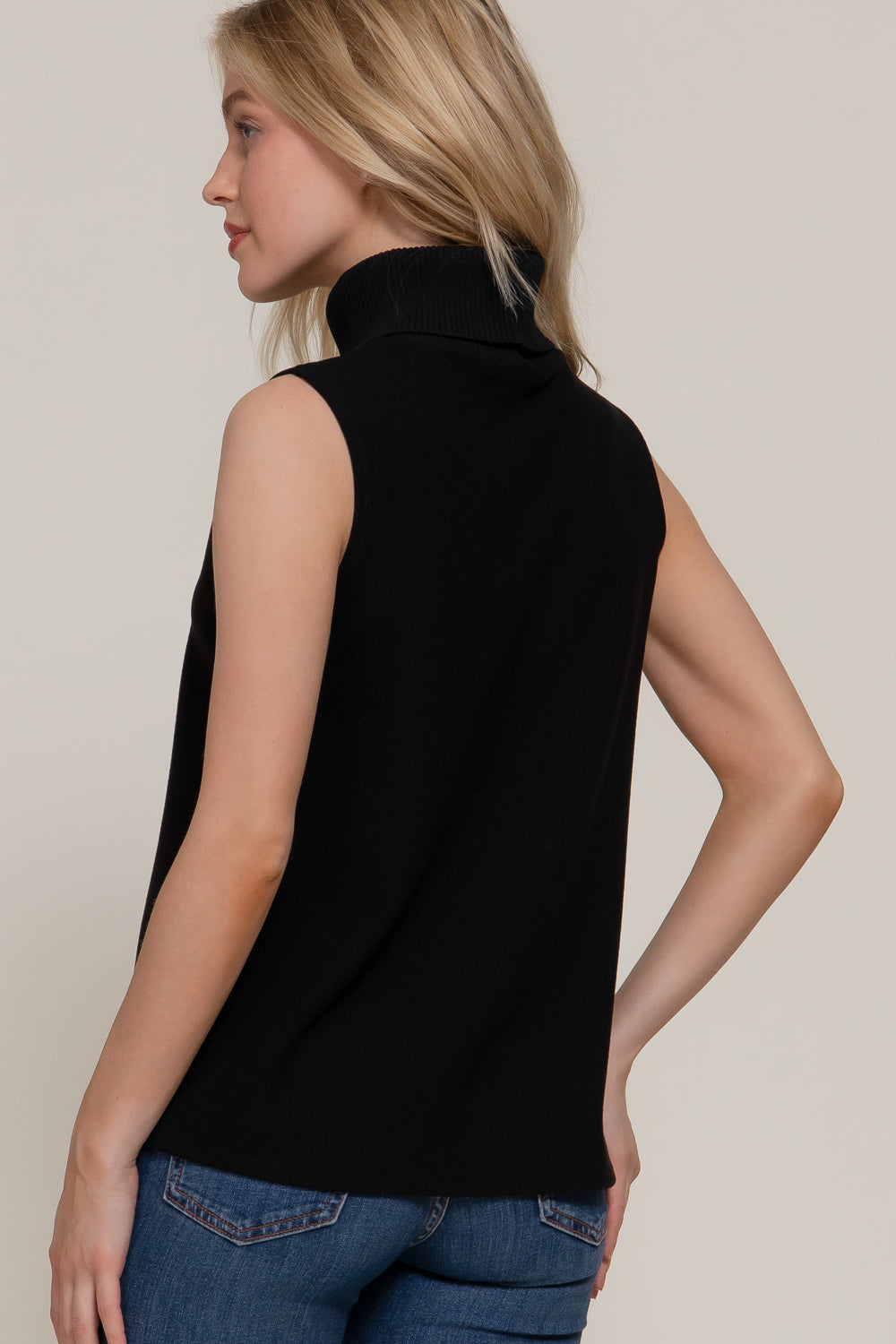 Soft Ribbed Sleeveless Turtleneck Top – Black, Mocha & Light Beige – Black – View 2