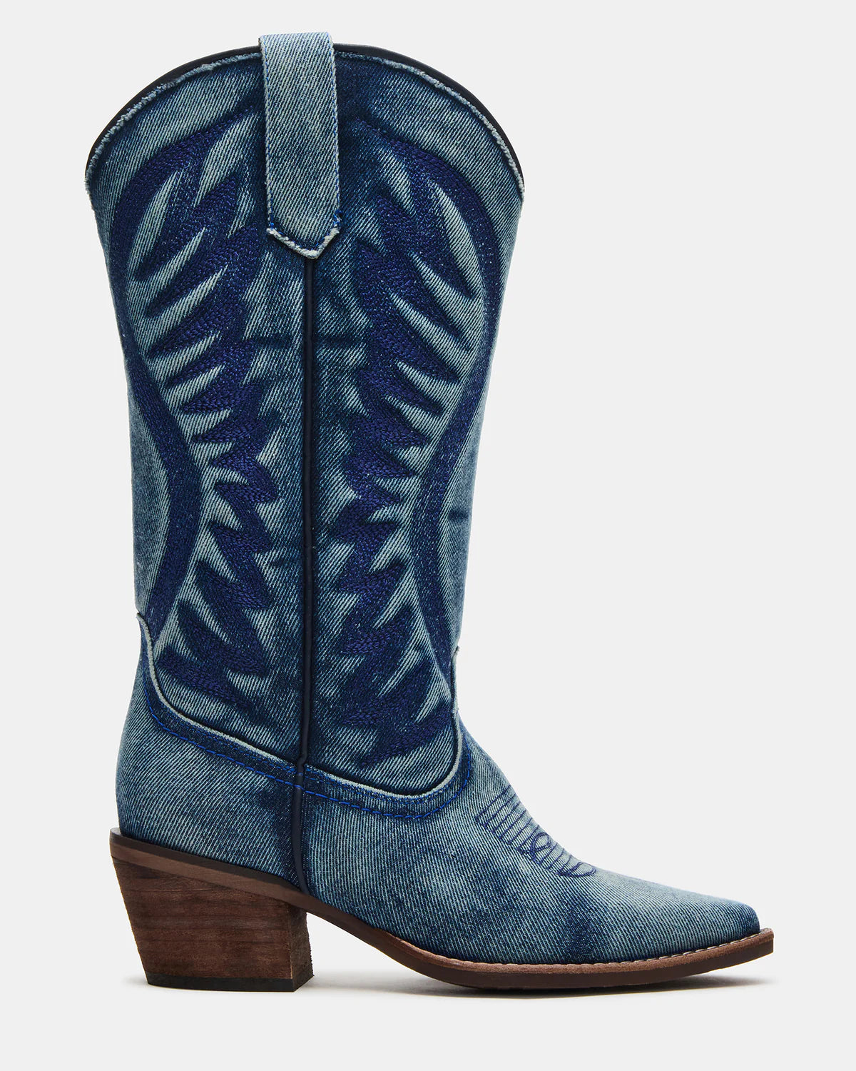 Steve Madden Albany denim fabric western boots with pointed toes and Western-style stitching on a neutral background.