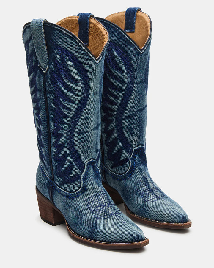 Steve Madden Albany denim fabric western boots showing pointed toe, mid-calf height, and western-style stitching.