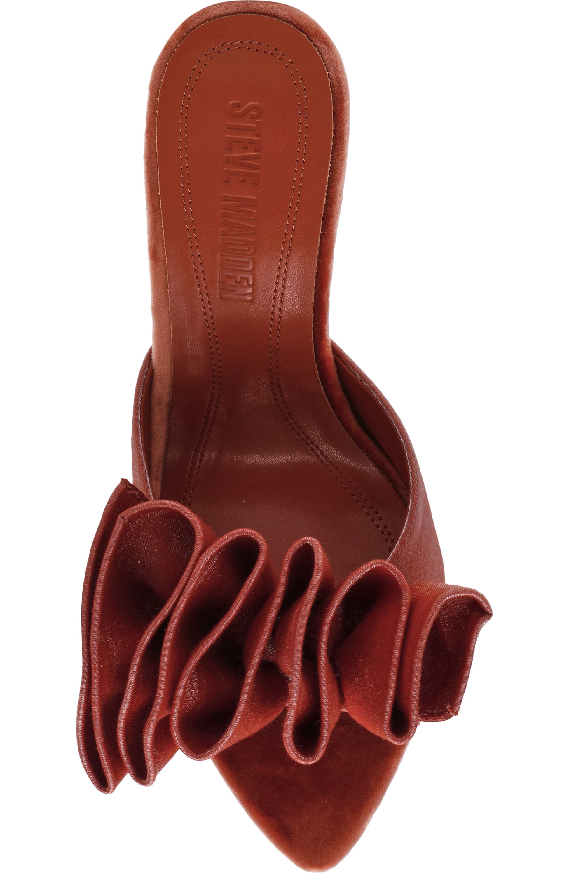 Steve Madden Affinity satin ruffle slide sandals with elegant ruffle detail, stylish open-toe design, and comfortable slip-on style.