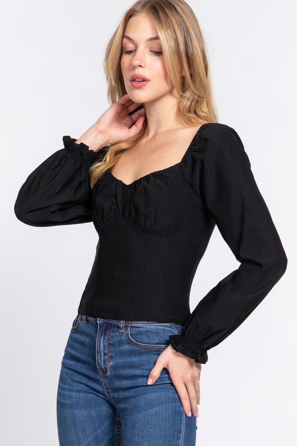 Sweetheart Ruched-Bust Corset Top – Black - Black