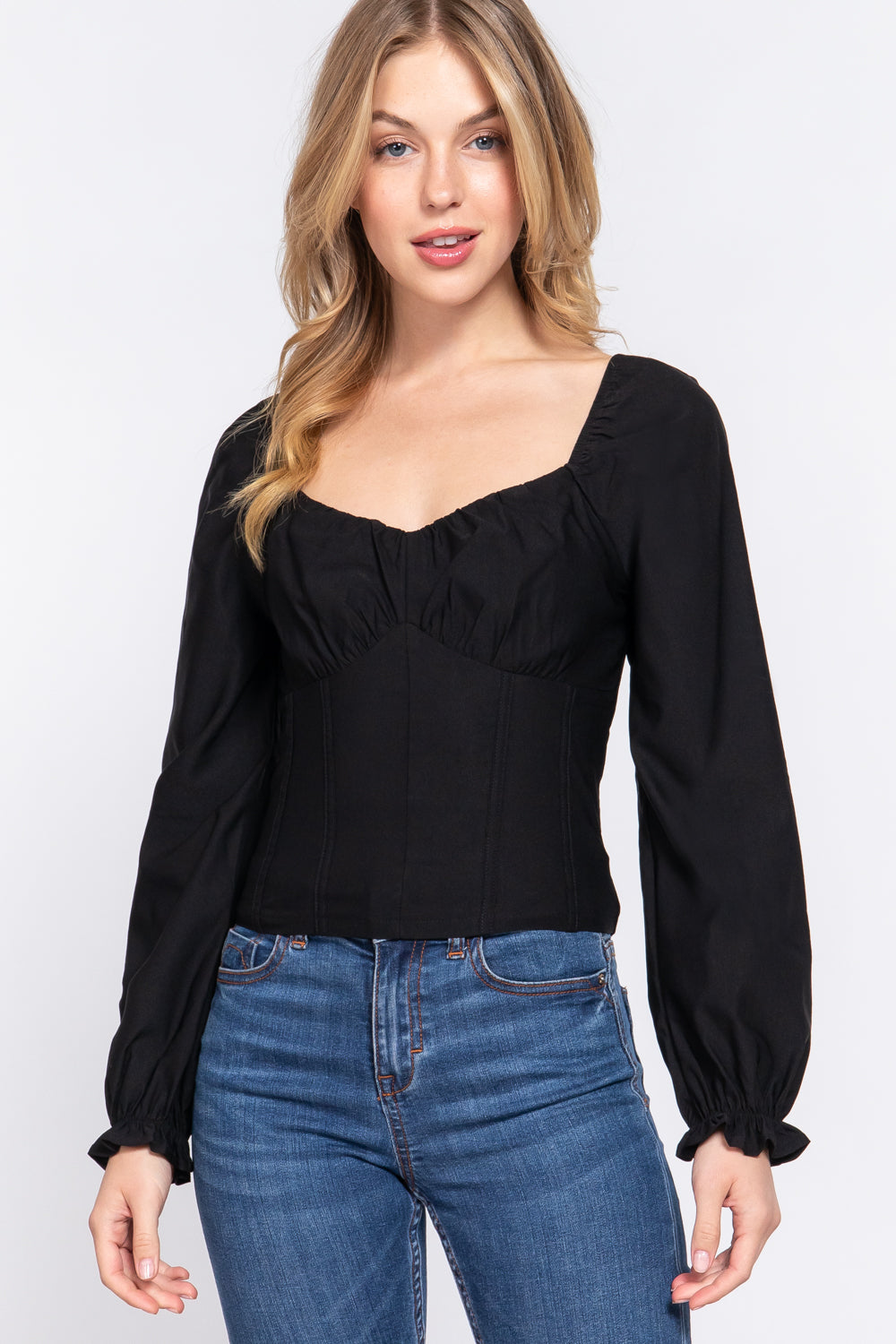 Sweetheart Ruched-Bust Corset Top – Black – Black – View 3
