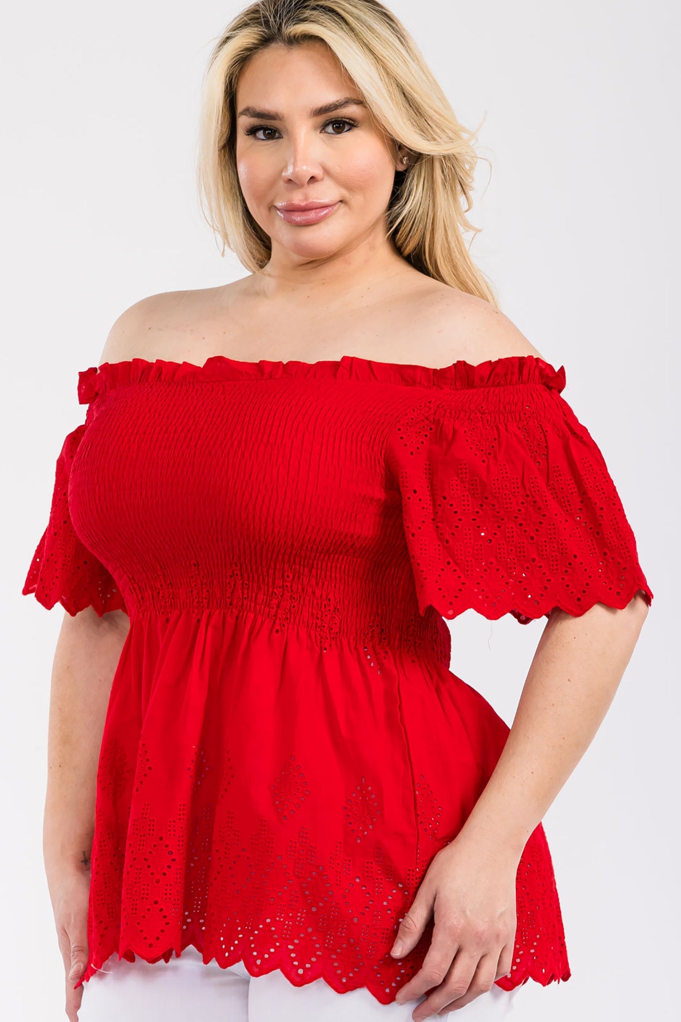 Off Shoulder Smocked Eyelet Top