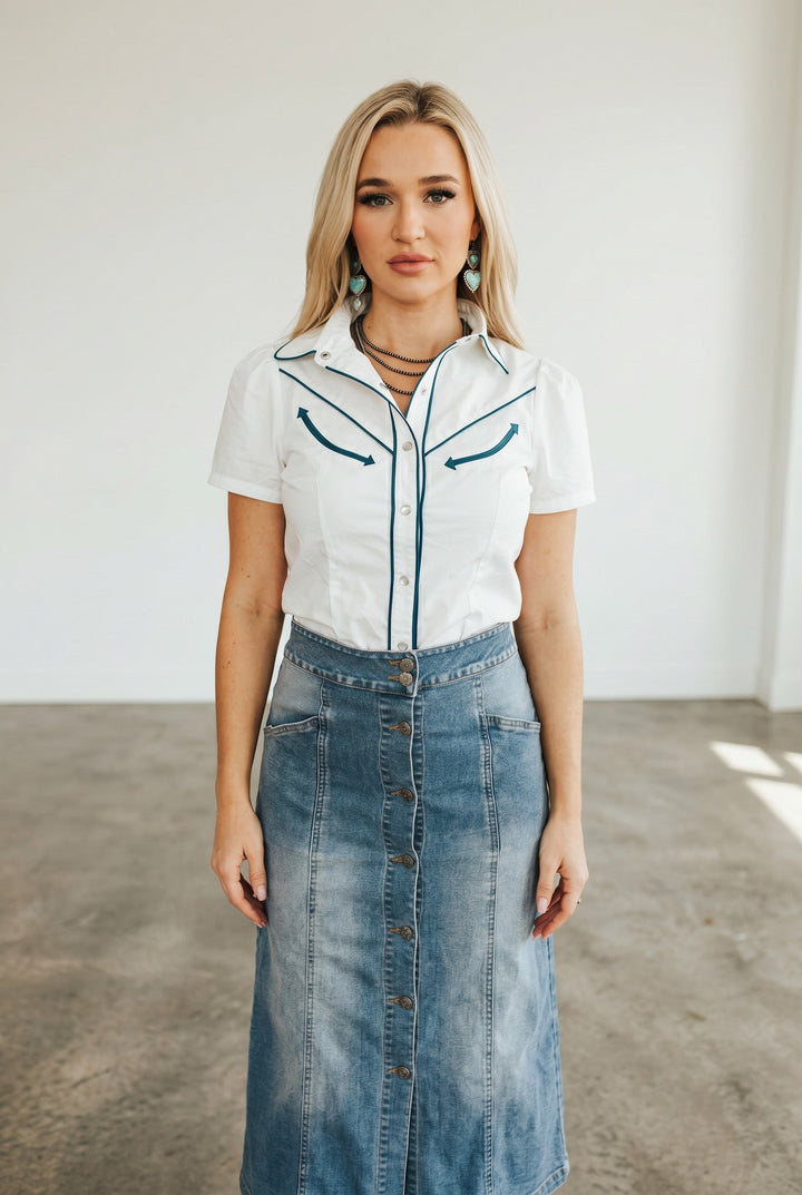 Ivory Jade Arrow Embroidered Western Puff Sleeve Top
