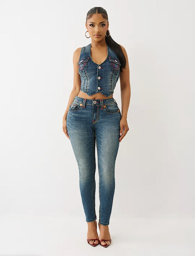 True Religion Jennie Super T mid-rise curvy skinny jeans shown in dark denim with classic stitching and five-pocket design.