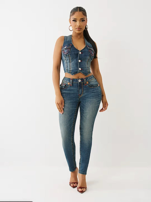 True Religion Super T denim vest hanging on a hanger, showcasing classic design and detailed stitching.