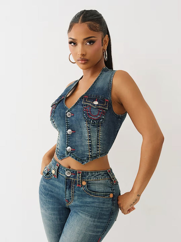 True Religion Super T denim vest with button closures and classic stitching, displayed on a plain background.