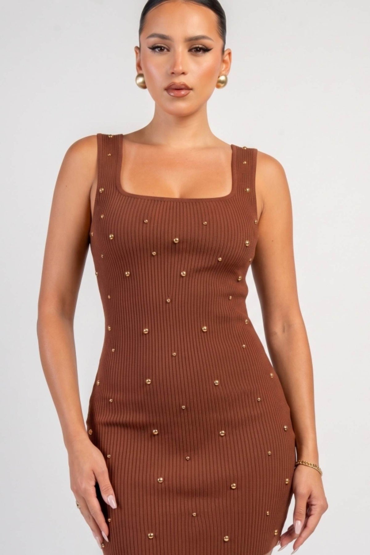 Chocolate rib-knit mini dress with square neckline and embellishments