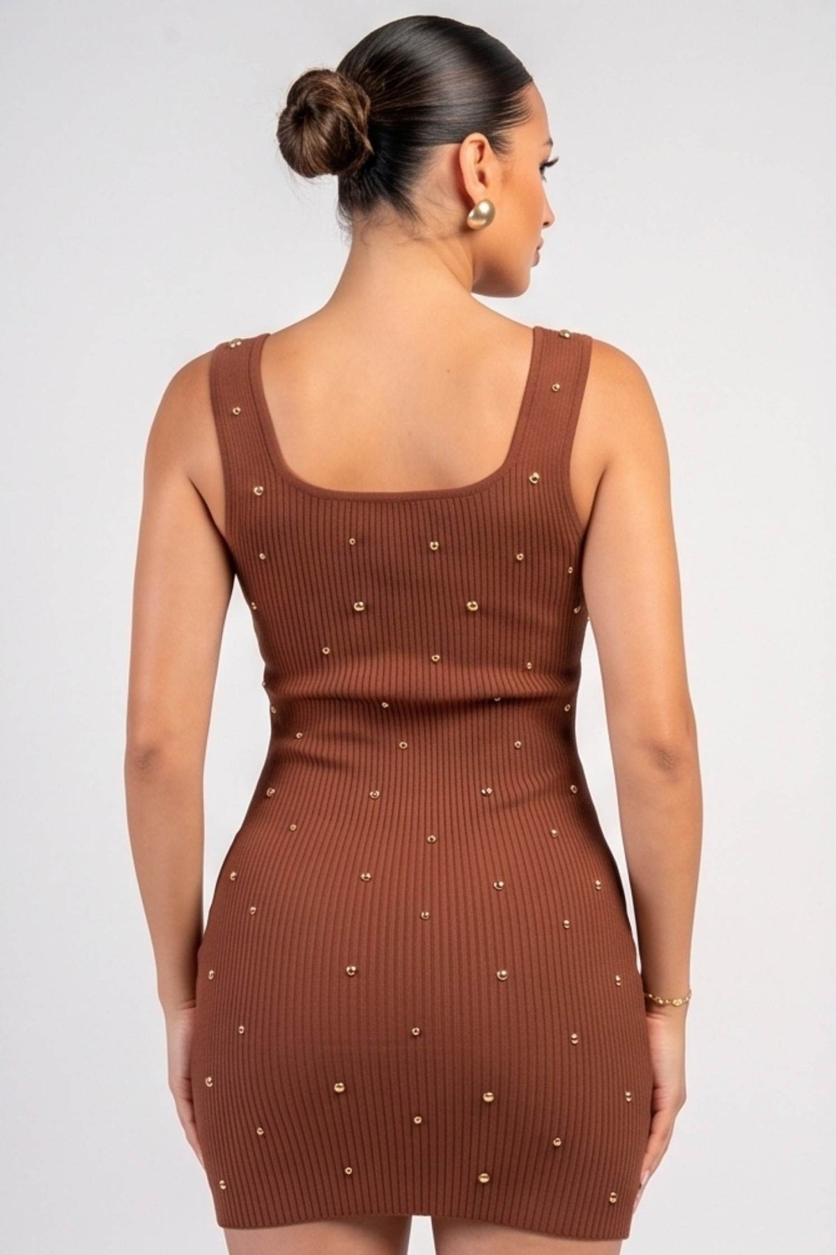 Chocolate pearl and rhinestone rib-knit mini dress, back view