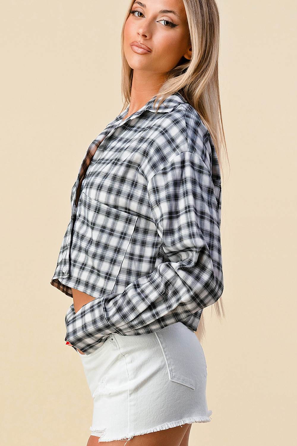 Black and white plaid long-sleeve cropped shirt, back view