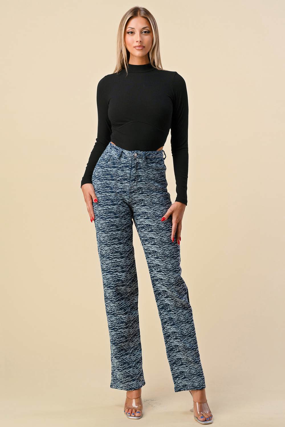 Black rib-knit mock-neck long-sleeve bodysuit, front view