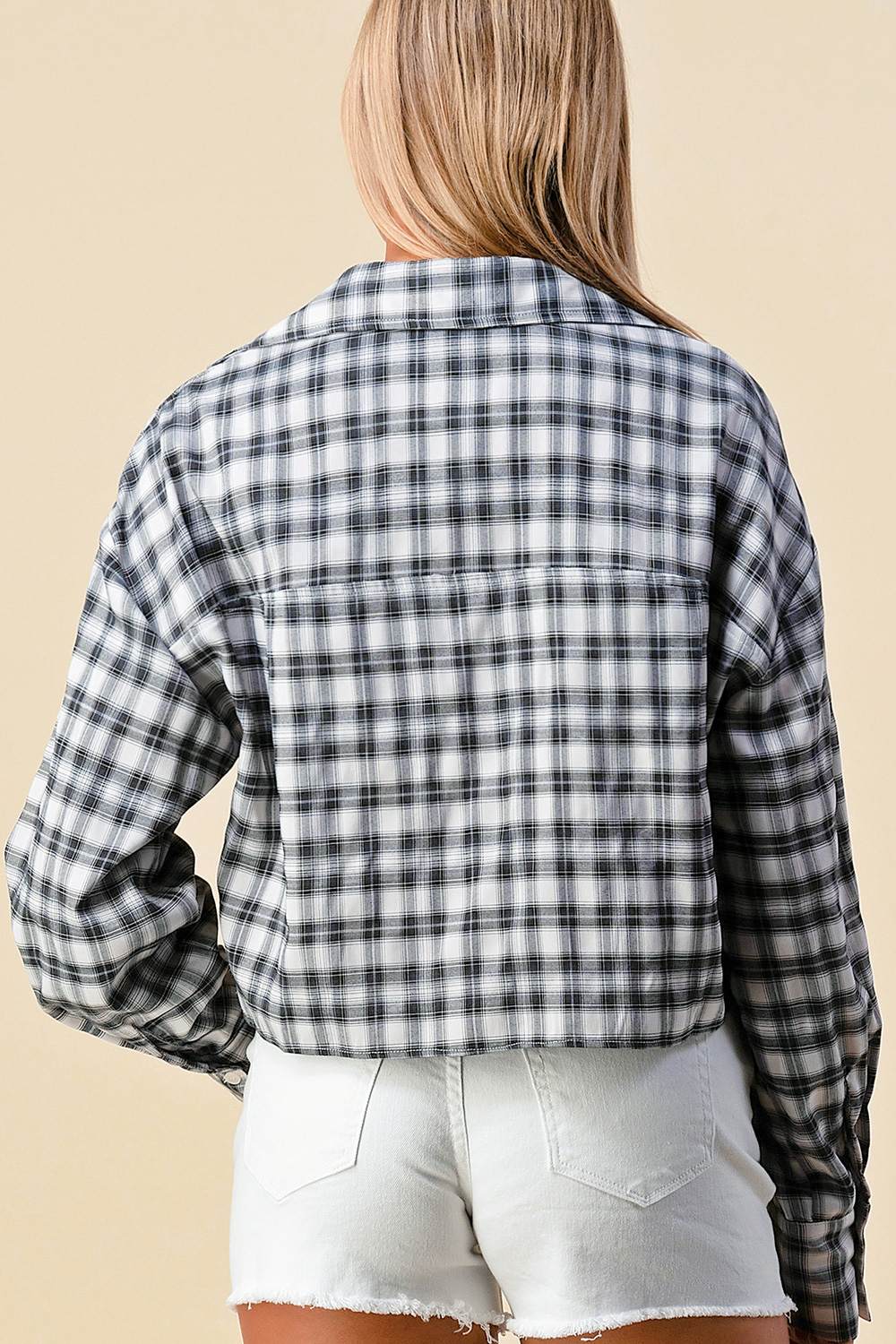 Black and white plaid cropped button-up shirt, full back view