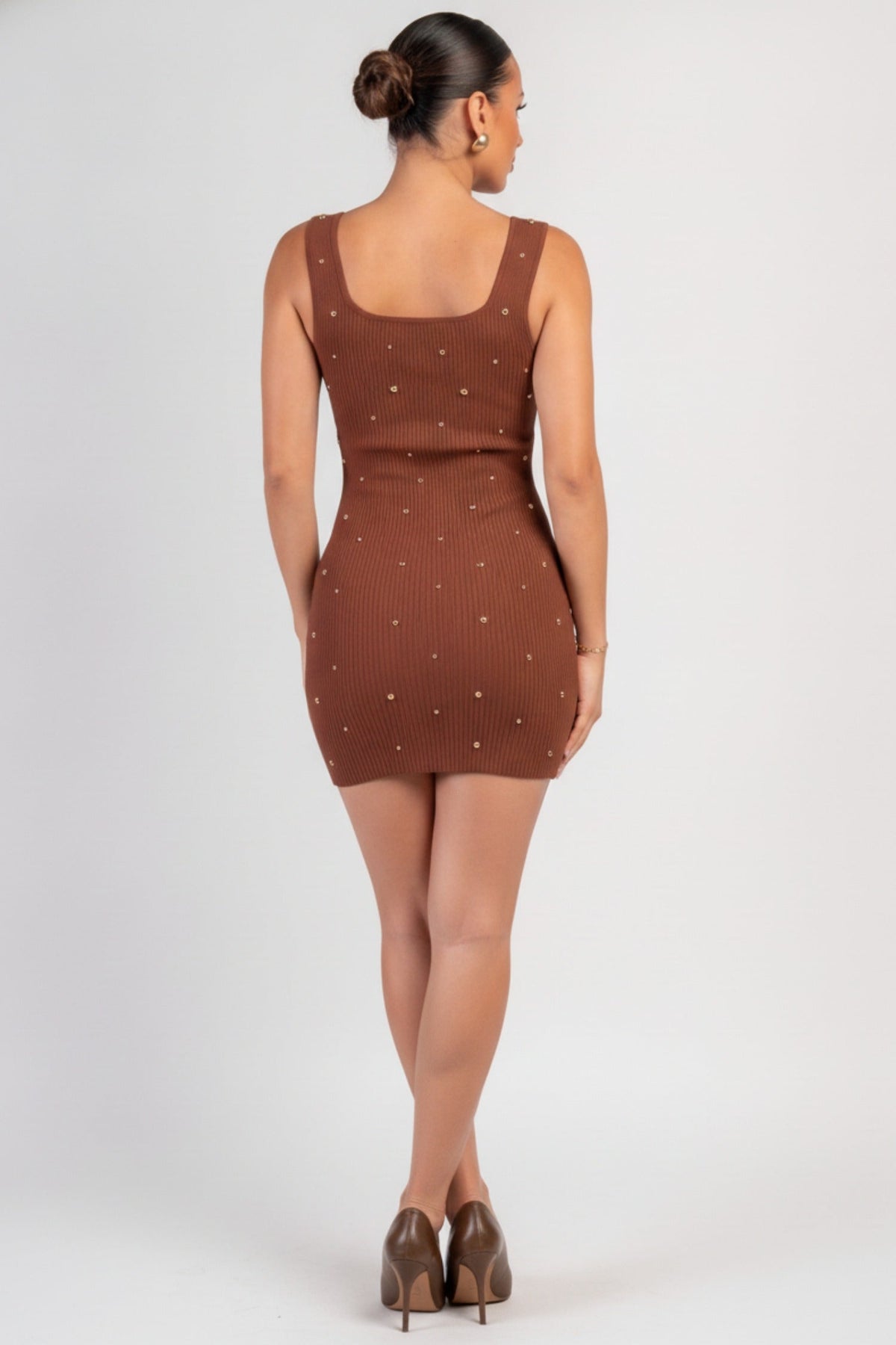 Chocolate embellished rib-knit mini dress, alternate full-length front view