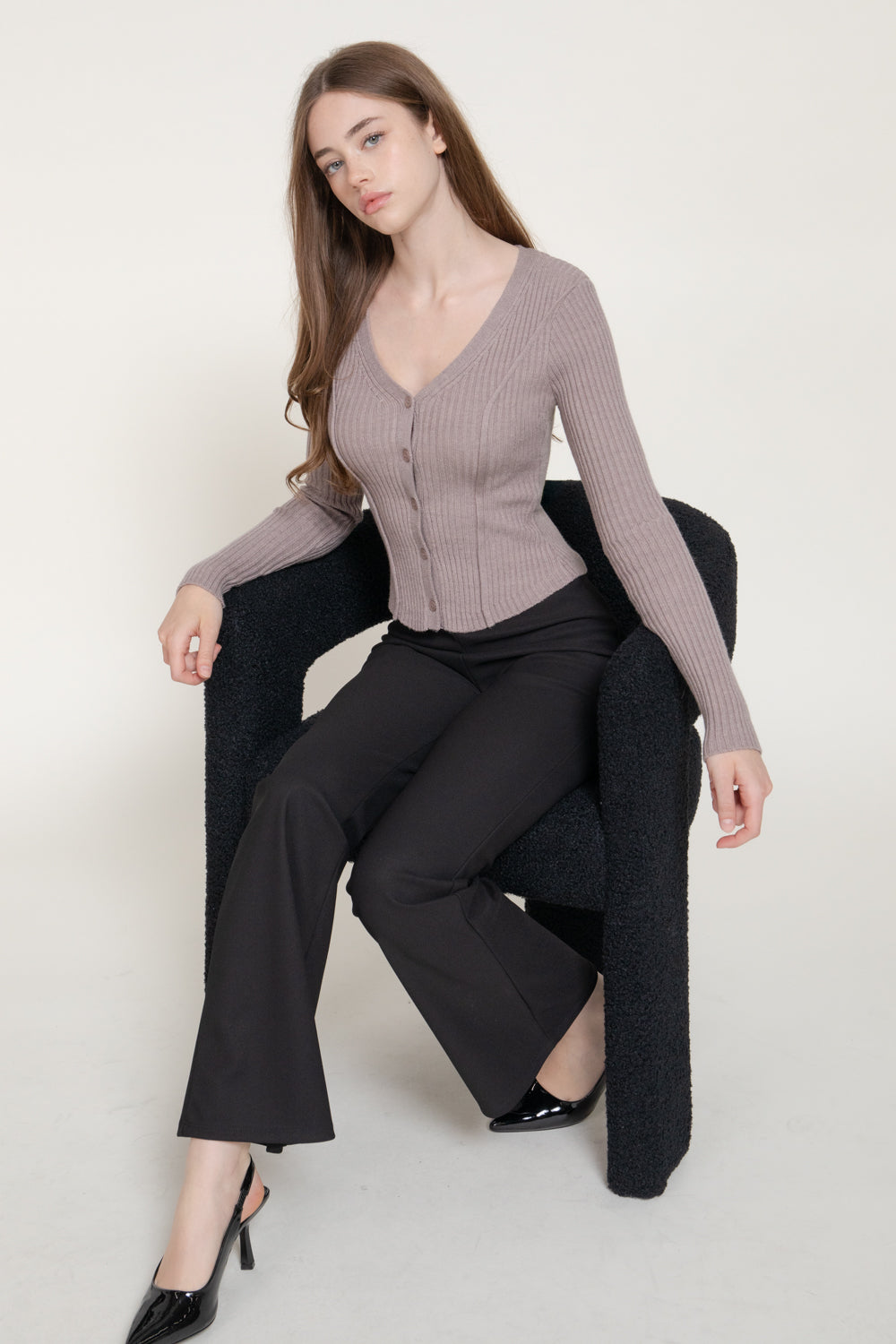 V-Neck Pointed-Hem Cardigan – Black & Heather Taupe - Heather Taupe